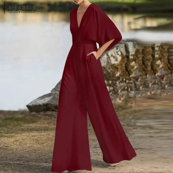 V Neck Wide Leg Jumpsuits - Elegant Solid Rompers