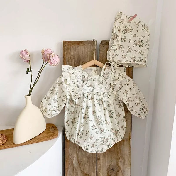 Lace Ruffle Baby Romper Set: Vintage Floral Jumpsuit with Hat – Sweet Toddler Girl Outfit