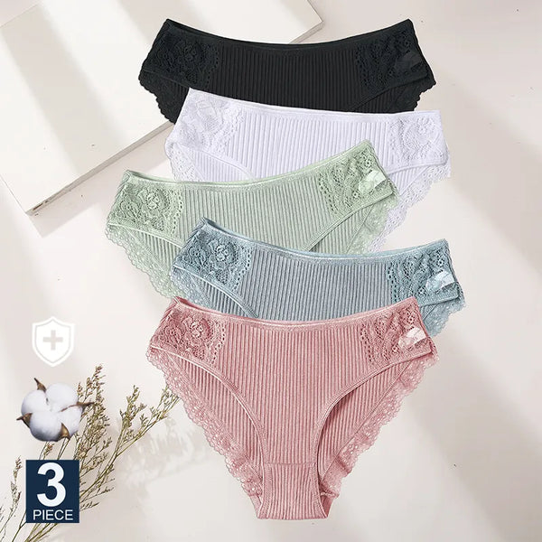 3PCS Cotton Underwear Set - Comfortable Panties with Floral Lace Briefs