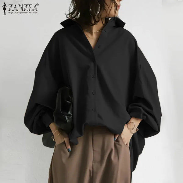 Stylish Women's Lapel Blouses ZANZEA 2023 Puff Sleeve Shirts Casual Button Blusas Female Solid Asymmetrical  Tunic