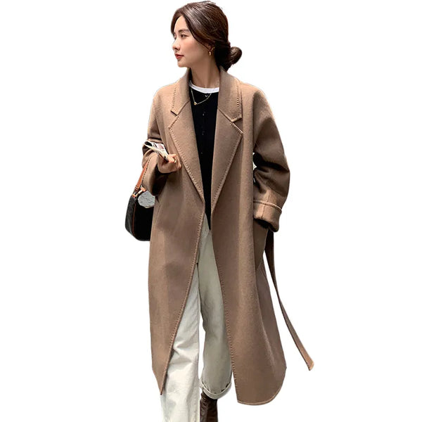 Real Wool Long Warp Overcoat: Classic Belted Turn-down Collar Coat