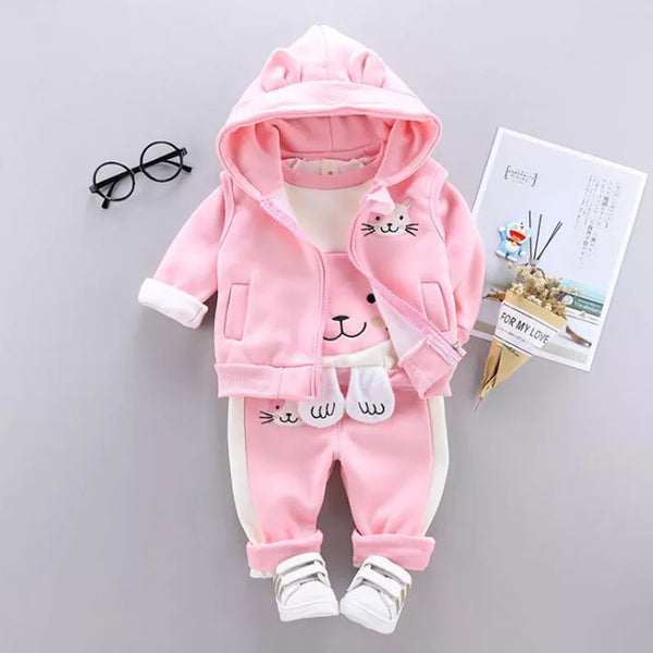 Children Clothing Sets: Baby Girl Cartoon Thick Fleece Hoodies Vest Pants 3Pcs Sports Suits