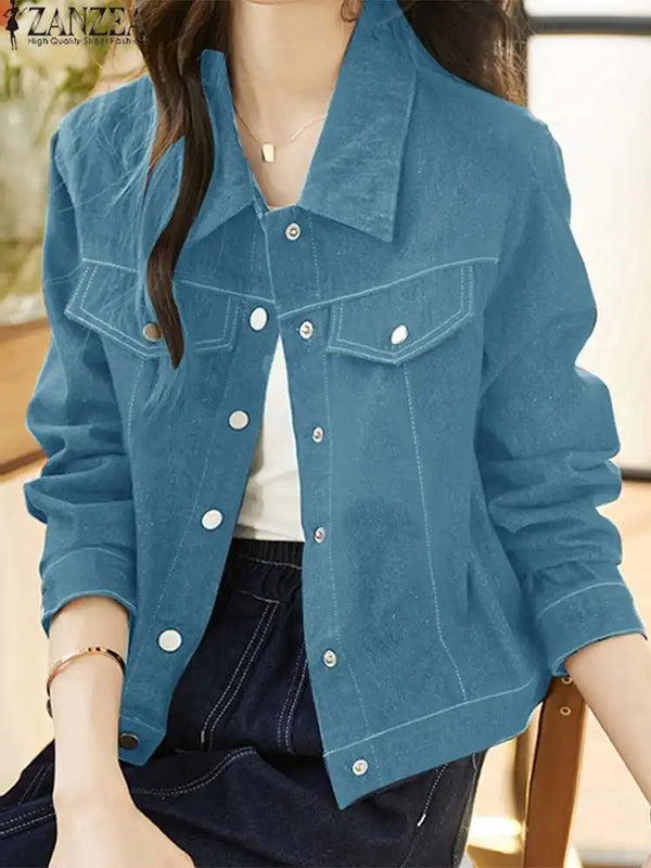 Lapel Collar Cropped Jacket - Denim Oversize Streetwear