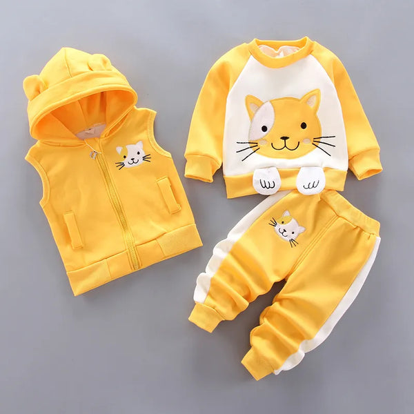 Children's Winter Suit: Hooded Cartoon Cat Three-Piece Set for Baby Boys and Girls (0-4Y)