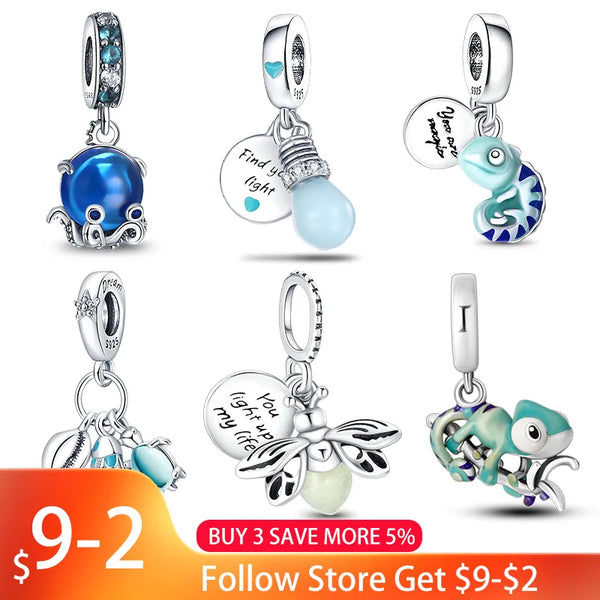 Pandora style charms for bracelets - chameleon luminous firefly butterfly silver beads