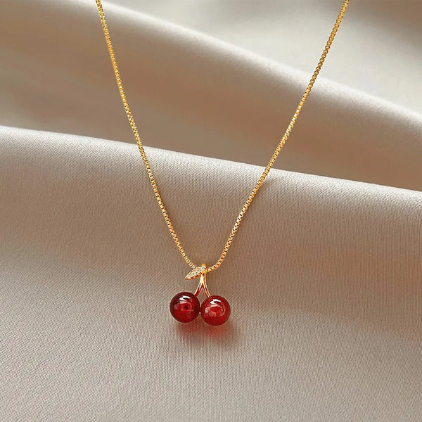 Wine Red Cherry Pendant Necklace - Personality Fashion Jewelry with Gold Colour