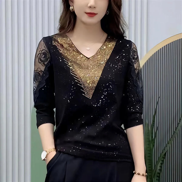 Blouses Shirts - Half Sleeve V-Neck Sequins Lace Tops