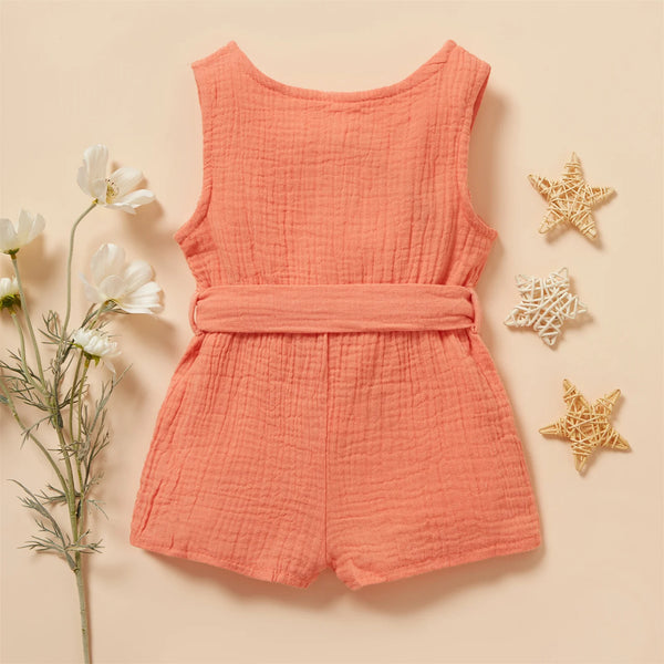 PatPat Summer Infant Newborn Baby Girl Clothes 95% Cotton High Quality Cute Solid Crepe Sleeveless Button Up Belted Kids Romper