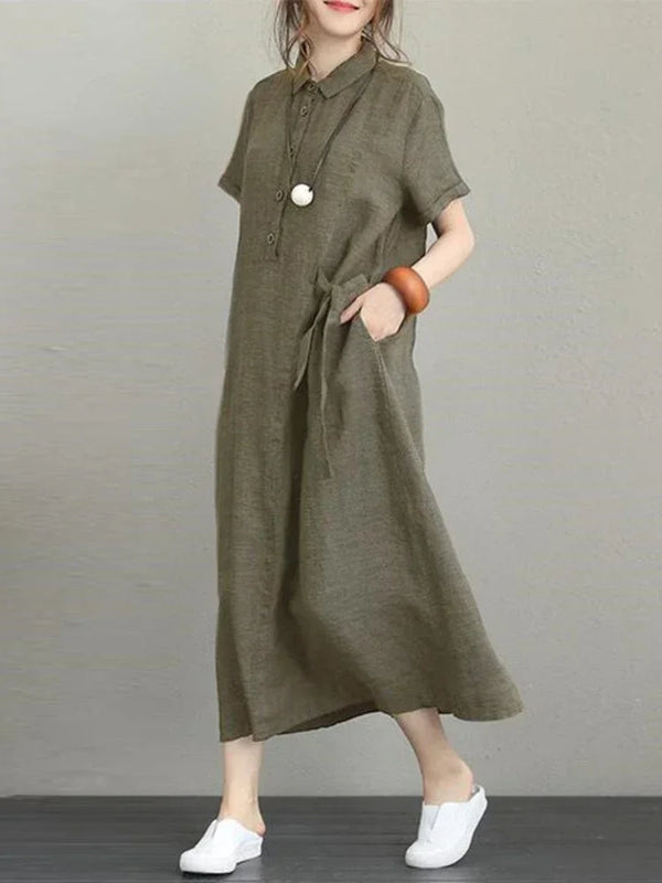 Vintage Casual Cotton Linen Loose Midi Dress