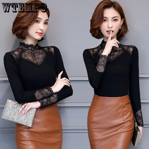 Velvet Lace Bottoming Shirt - Turtleneck Warm Blouses