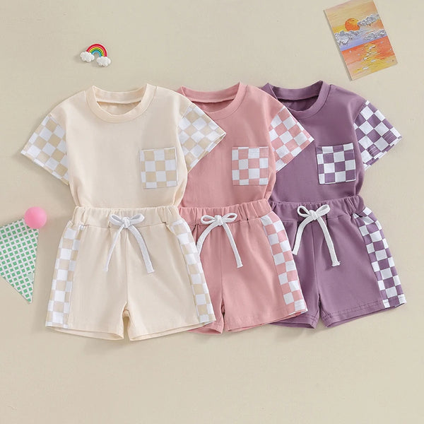 VISgogo Baby Girls Summer Clothes Outfits Checkerboard Patchwork Crew Neck Short Sleeve T-Shirts and Elastic Waist Shorts Suit