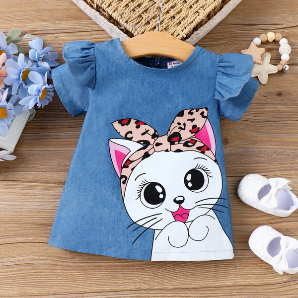 PatPat Baby Girl Cute Cat Print Ruffled Short-sleeve Dress