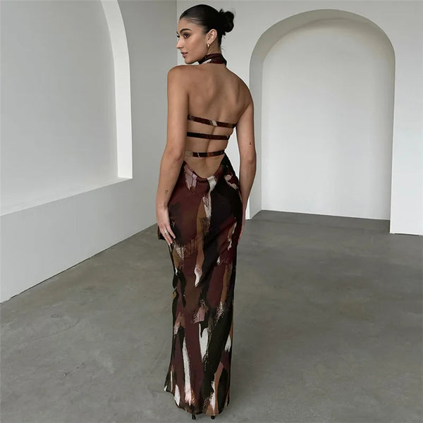 Fashion Print Sexy Backless Maxi Dress: Sleeveless Party Club