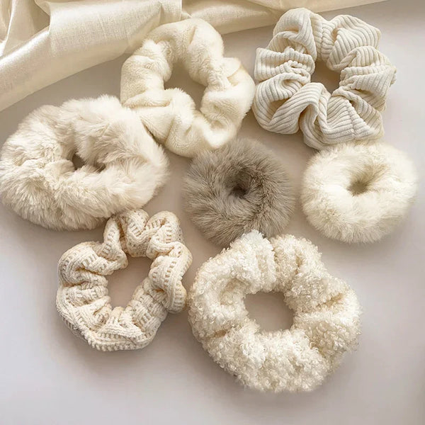 Furry Scrunchies White Rubber Bands - Korean Elastic Hair Accessories