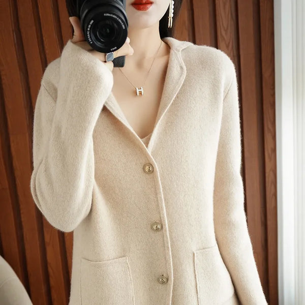 Pure Wool Knitted Cardigan: Ladies Lapel Sweater Solid Color Long-sleeved Jacket Casual Top