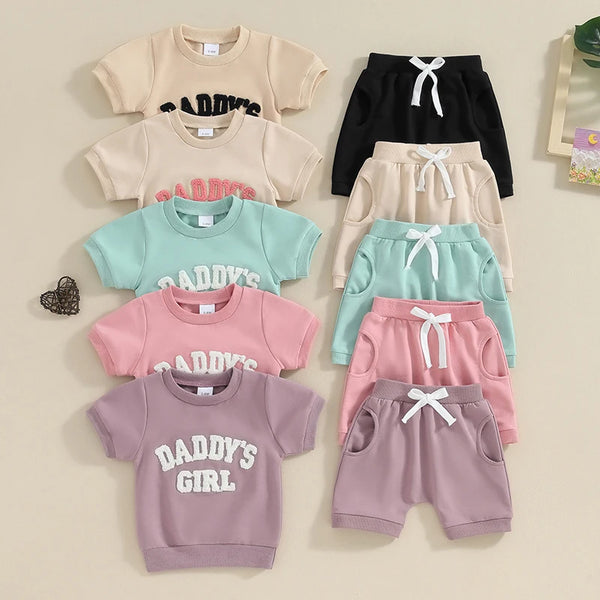 VISgogo 2Pcs Baby Girl Summer Outfits Fuzzy Letter Embroidery Short Sleeve Tops Solid Color Shorts Toddler Casual Clothes