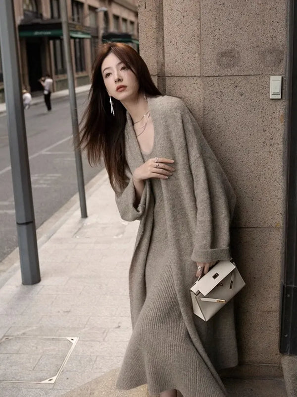 Comfort Set: Thickened Loose Sweater Jacket with Knitted Dress