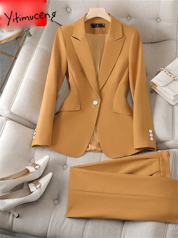 Two Piece Blazer and Pant Suit Set for Office Ladies