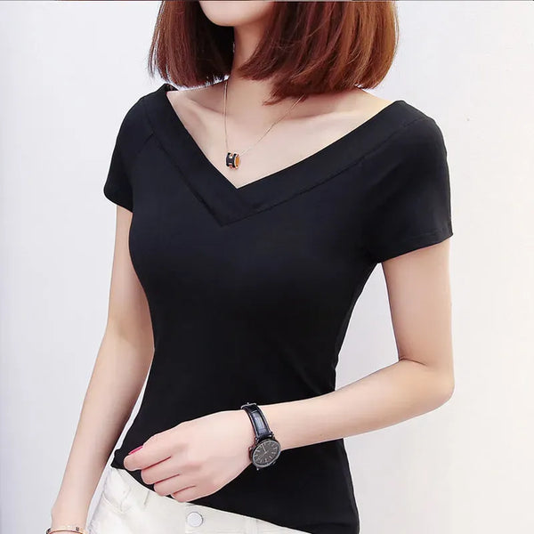 Short Sleeve Cotton T Shirt Low Cut V Neck Women Summer Top Backless Sexy Ladies Slim Fit All Match Solid Tees Bottom Shirts