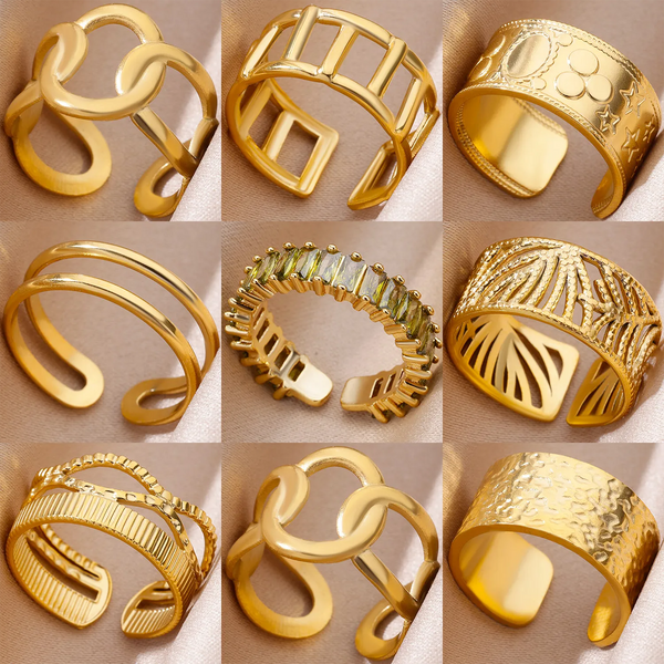 Stainless Steel Rings: 18K Gold Plated Couple Jewelry - Adjustable Punk Embossed Hollow Wide Ring