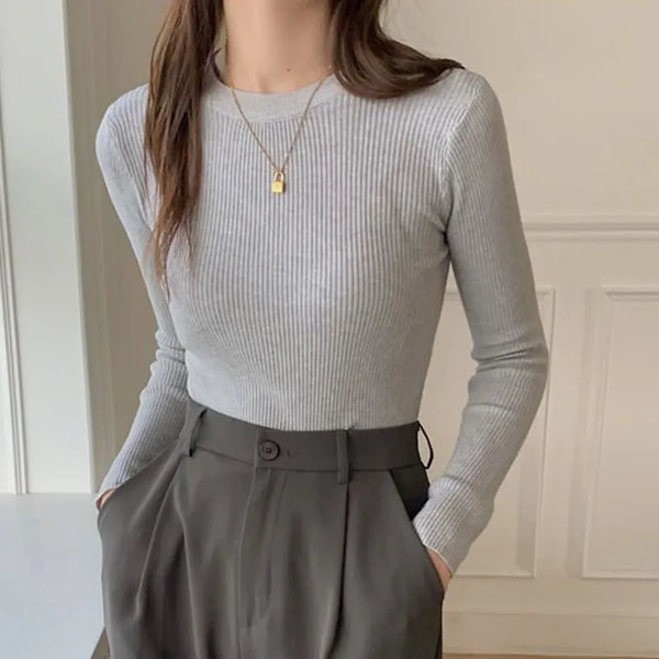 Basic Slim Fit O-Neck Knitted Sweater for Women