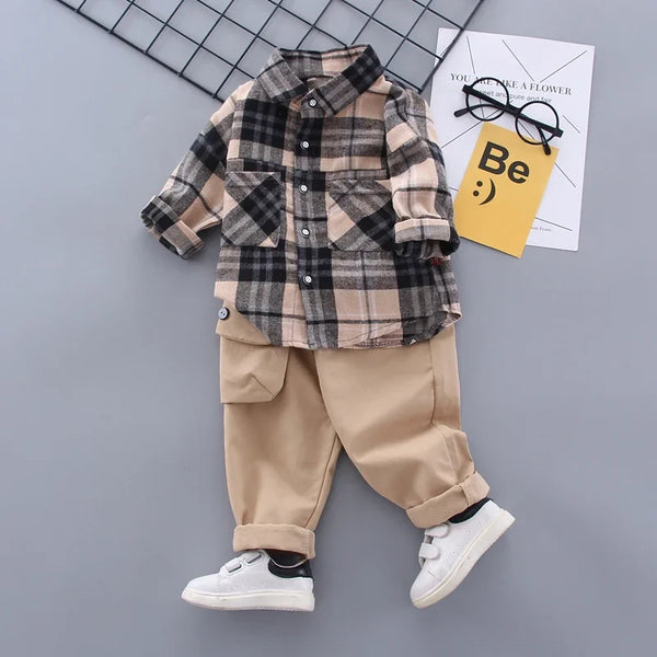 Baby Boy Formal Clothing Set: Plaid Shirt Pants 2Pcs/Set