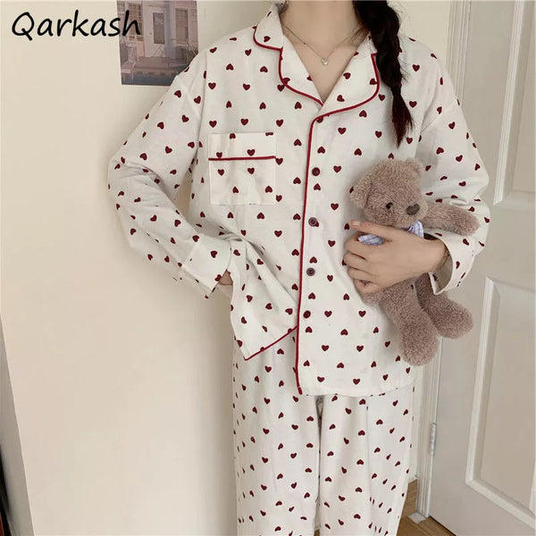 Pajama Sets Women Long Sleeve Turn-down Collar Elegant Sweet Printing Soft Single Breasted Pockets Spring Autumn Sleep Female