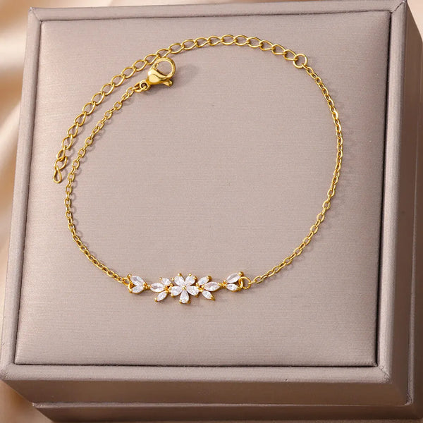 Zircon Flowers Bracelet - Charm Gold Color Stainless Steel