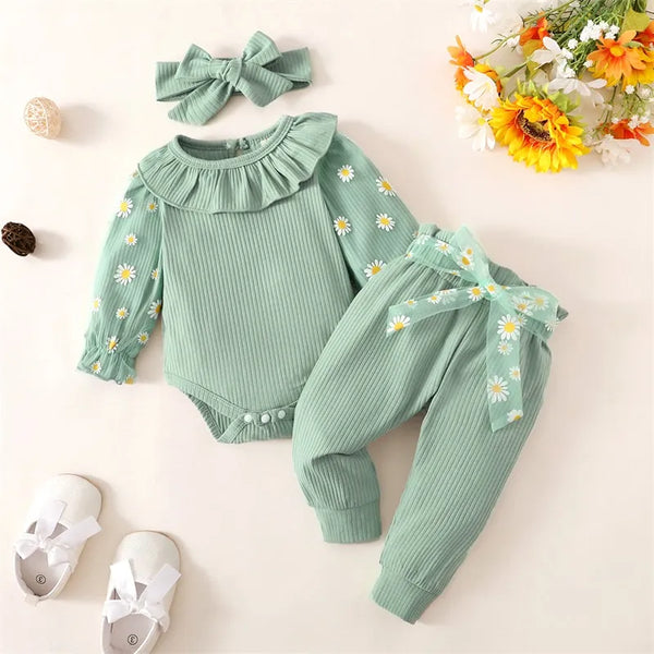 Baby Girls Fall Outfit 3Pcs: Print Long Sleeve Romper, Belted Pants, Headband Set