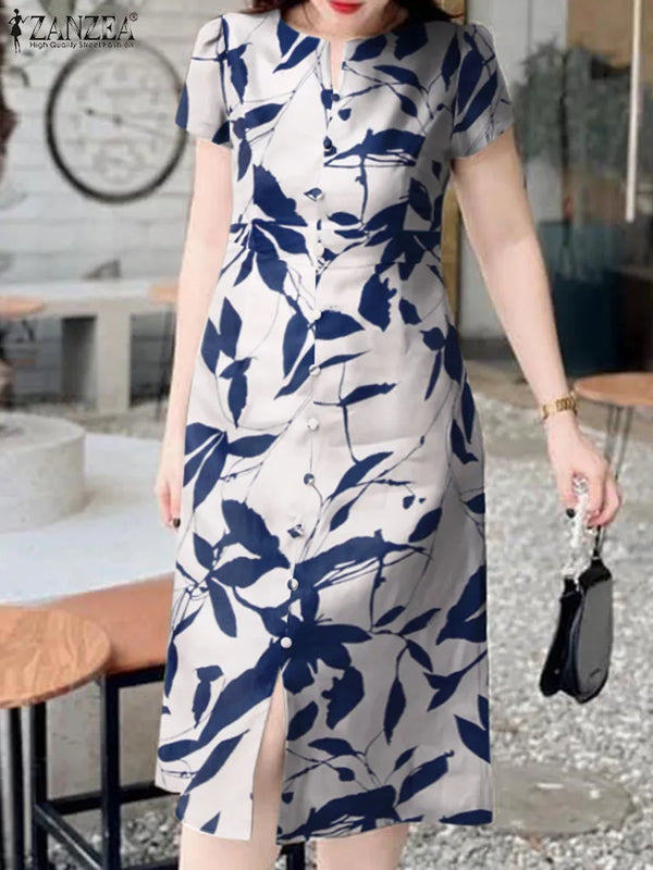 Casual Leaves Print Sundress with Slit Hem