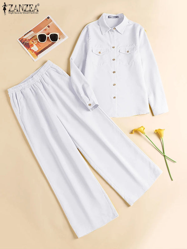 Lapel Neck Long Sleeve Shirt and Pants Set