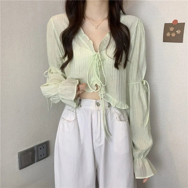 Long Sleeve Ruffle Lace-Up Cardigan for Summer