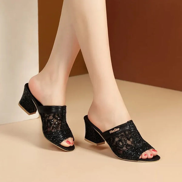 Sequin Cool Slippers with Thick Heel for Women