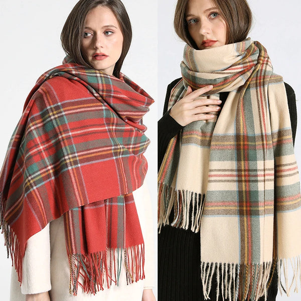 Luxury Plaid Scarf - Winter Warm Cashmere Pashmina with Tassel Shawl Wraps