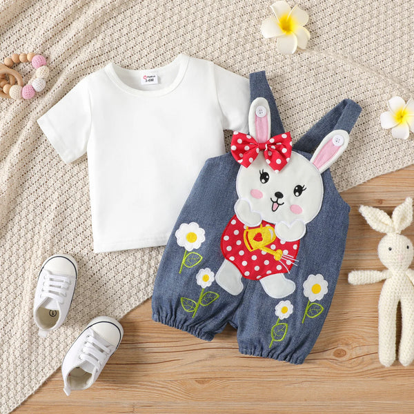 PatPat 2pcs Baby Girl Clothes Sets 100% Cotton Rabbit Graphic Denim Overalls Shorts and Solid Short-sleeve Tee Set