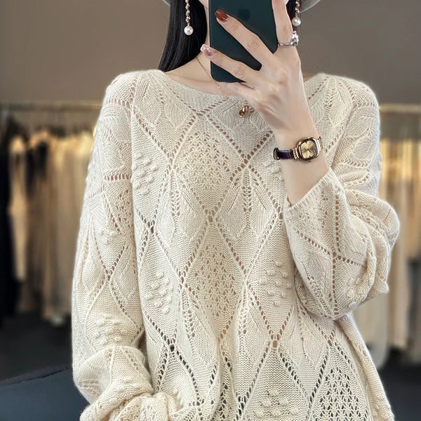 Spring and summer cashmere sweater thin pullover women's knitted hollow-out O-neck  women's 100% pure wool sweater New products