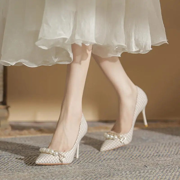 Pearl-Embellished Pointed Toe High Heel Bridal Shoes