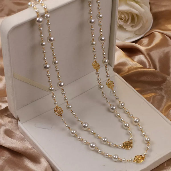 Vintage Camellia Pearls Long Necklace for Elegant Parties