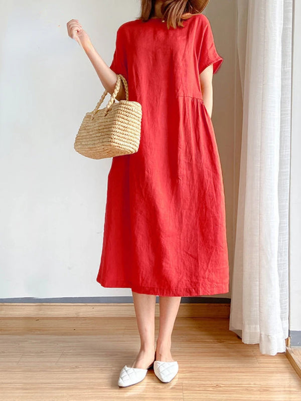 Summer Women Dress Casual Loose Short Sleeve A-LINE Oversize Solid Midi Dress Cotton Linen Dresses for Women Vestidos De Mujer