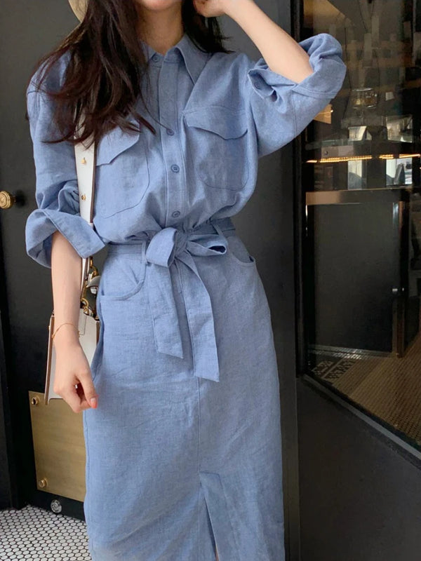 Trendy Solid Color Lapel Shirt Dress