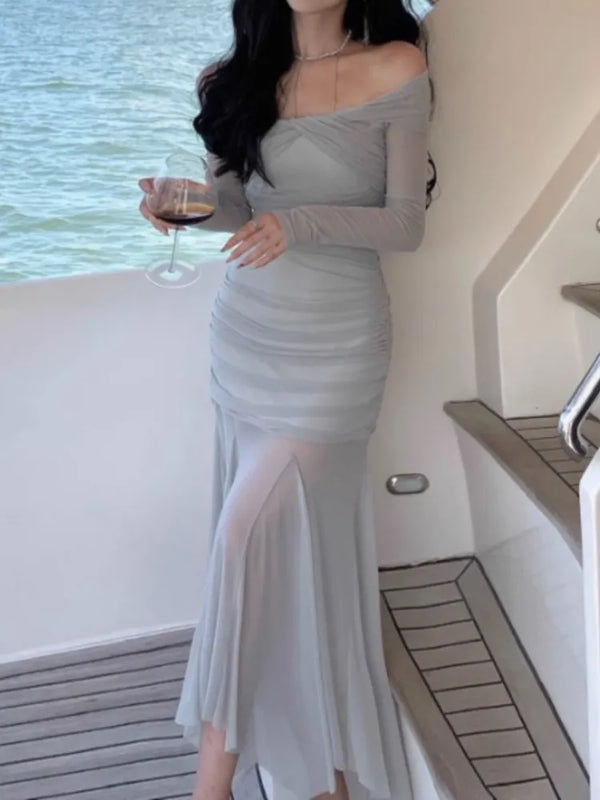 Elegant Mesh Long Sleeve Midi Party Dresses