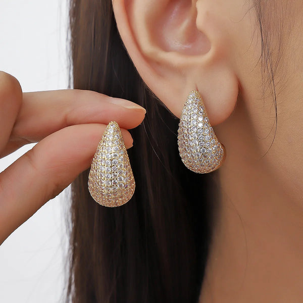 Vintage Gold Color Plated Chunky Dome Drop Earrings: Glossy Stainless Steel Thick Zircon Inlaid Teardrop Earring