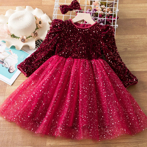 Sequin Autumn Girls Princess Party Dresses for 3-8 Yrs Long Sleeve Winter Xmas Children Casual Clothing Birthday Wedding Gown