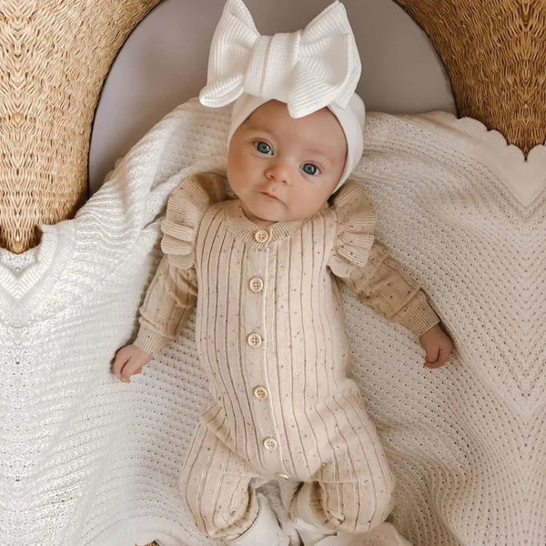 Knitted Baby Jumpsuit - Solid Color Rompers with Buttons for Girls