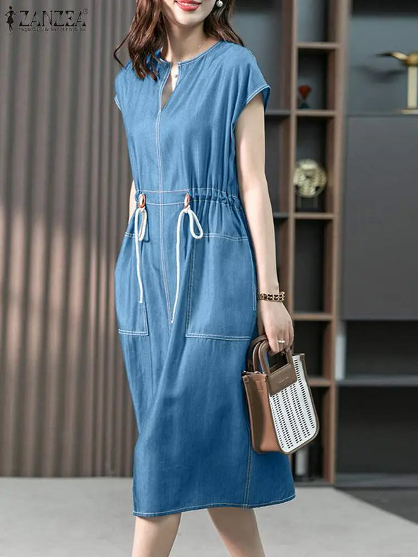 Denim Dress - Vintage Short Sleeve Sundress, Drawstring Jeans